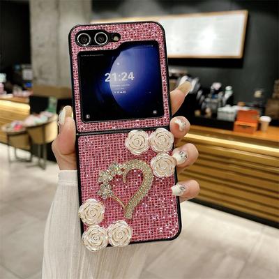 Luxury Shining Diamond Camellia Case for Samsung Galaxy Z Flip 4 5 Cover Matte Hard Shockproof Bumper Cases For Z Flip3 Flip5 5G