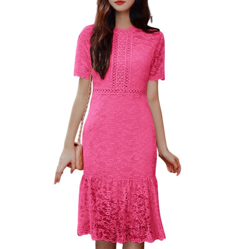 

ZANZEA Женское повседневное платье с круглым вырезом, короткими рукавами, кружевной вязкой крючком, вышивкой и пэчворком темно-розовый
