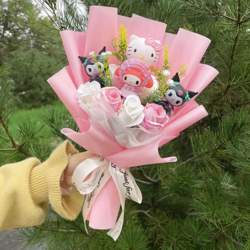 Bambole Gatto Kawaii Hello Kitty con Fiori Artificiali Bouquet Creativo Regali di Natale San Valentino Compleanno Laurea