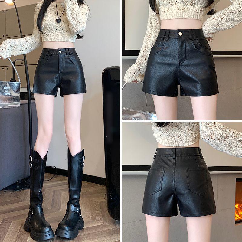 Women's High-Waist PU Leather Shorts - Black, Autumn/Winter 2025, Slimming and Sexy Fit