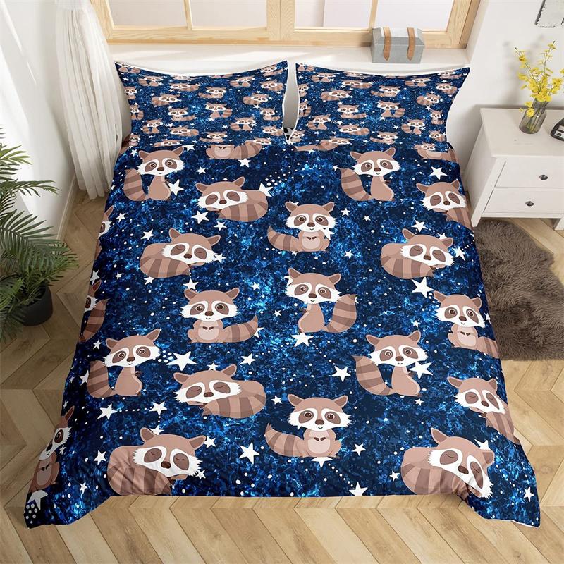 Raccoon Bedding Set Cute Cartoon Animal Duvet Cover Set Universe Galaxy Comforter Cover Polyester Red Starry Sky Bedspread Cover