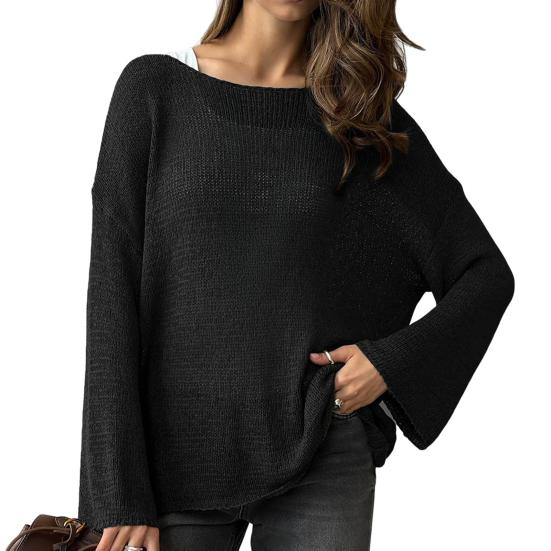 Dame Strikketopper Rund Hals Langermet Genser Topper Løs Passform Ensfarget Høst Pullover Topper Strikk