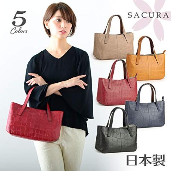 Sakura Japanese-Made Genuine Leather Crocodile Embossed Tote Bag (Camel)