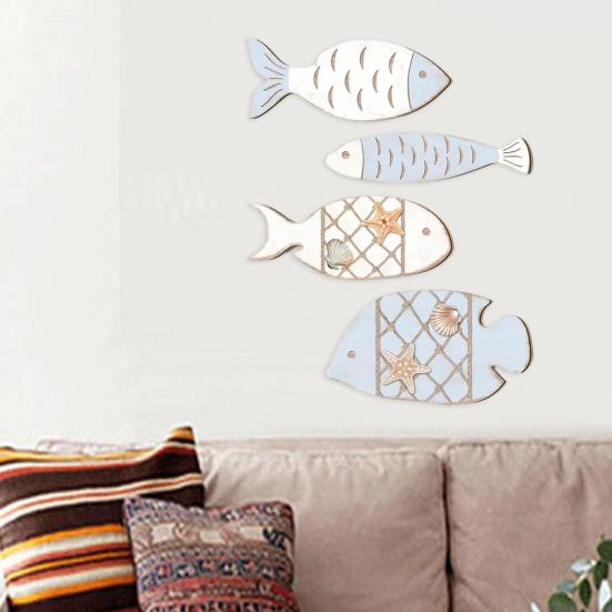 4 Pcs Wooden Fish Wall Decor Nautical Coastal Wood Fish Wall Art Rustic Hanging Beach Wall Sculpture for Lake House Home Bathroom Decor