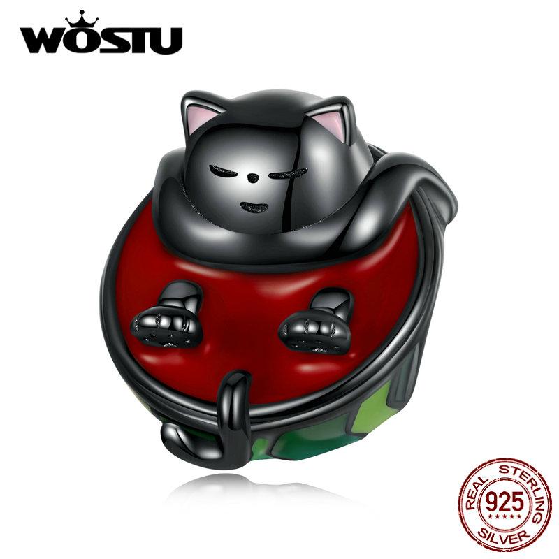 

WOSTU Аутентичные бусины из стерлингового серебра 925 пробы с изображением кота и арбуза, подходят для женщин, браслет и браслет, ювелирные украшения 925 silver