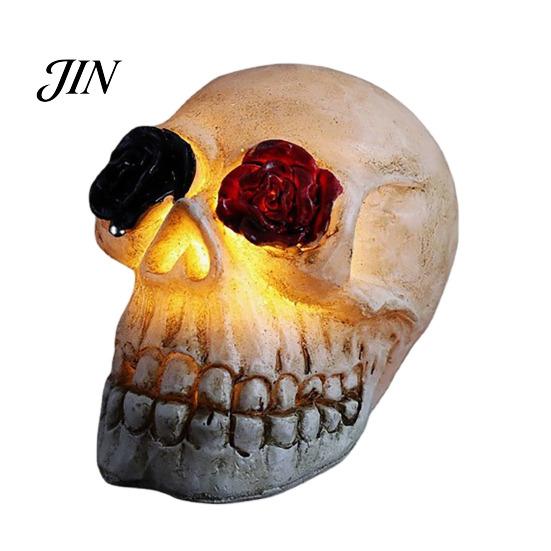 Skull Halloween Lamp Gothic Light Up Rose Flower Figurine, Day of Dead Resin Durable Statue, Spooky Skeleton Head for Desk Home Decor Party