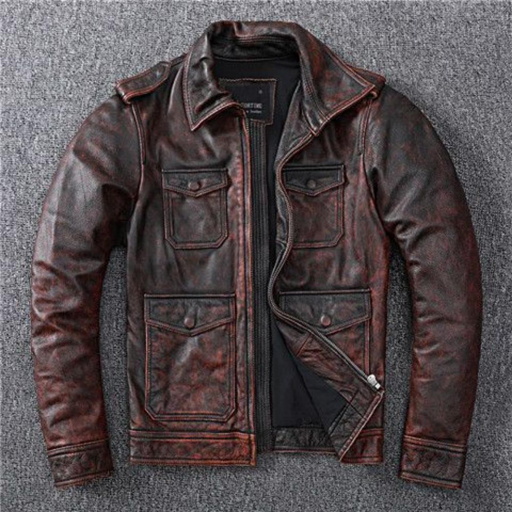 

Мужская кожаная куртка Hunting Tough Guy Retro Old First Layer Cowhide с лацканами, ностальгическая кожаная куртка