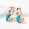 Pinkdudu Mermaid Enamel Earrings  Whimsical Shell & Red Crystal Drops Hand-Painted Fairy Tale Jewelry PD1475