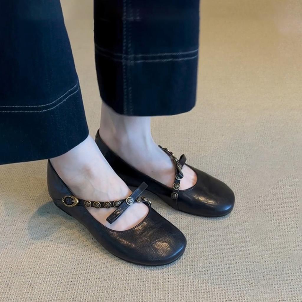 Sheepskin Version~ Genuine Leather Flat-bottomed Retro Word with Mary Jane Shoes Children's New Round Head Shallow Mouth Single Shoes Small Leather