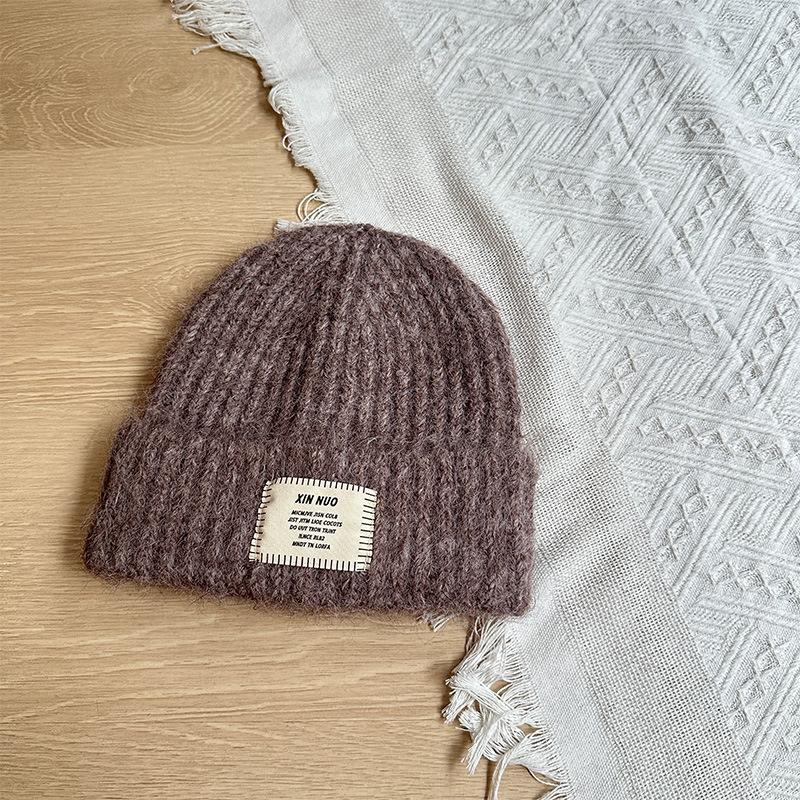Korean Style Casual English Cloth Label Long Camel Hair Knitted Hat Autumn and Winter Warm Woolen Hat Dome Ear Protection Hat