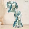 Women Plus Size Two Piece Set Round Neck Batwing Short Sleeve Tropical Leaf Printed Ruffle Hem Top Fishtail Skirt