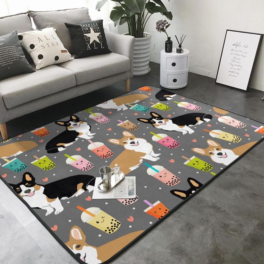 Cute Dog Print Area Rug Cartoon Corgi Pet Bones Living Room Rugs Playmat Lovely Puppy Animals Decorative Rug Indoor Floor Mat