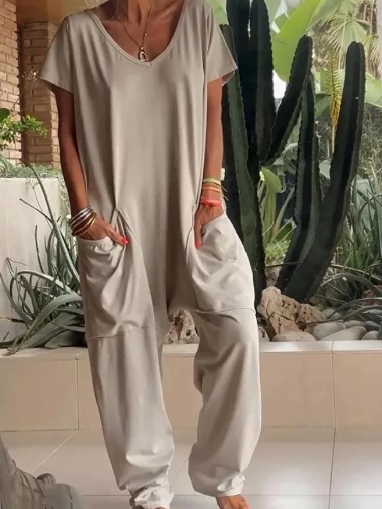 Zomer Vintage Jumpsuits Dames Korte Mouw Losse Playsuit Overall Romper Effen Elegante Zak Rompers Één Delig