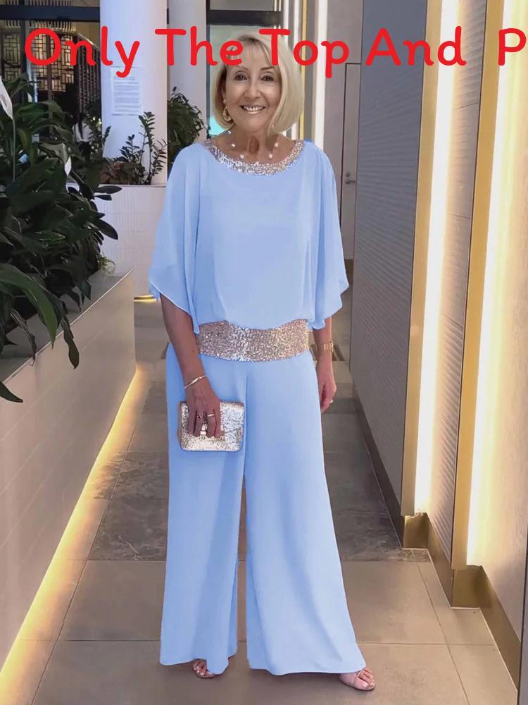 Satin Blouse And Wide Leg Pants Set With Sequin Embellishments For Casual Women