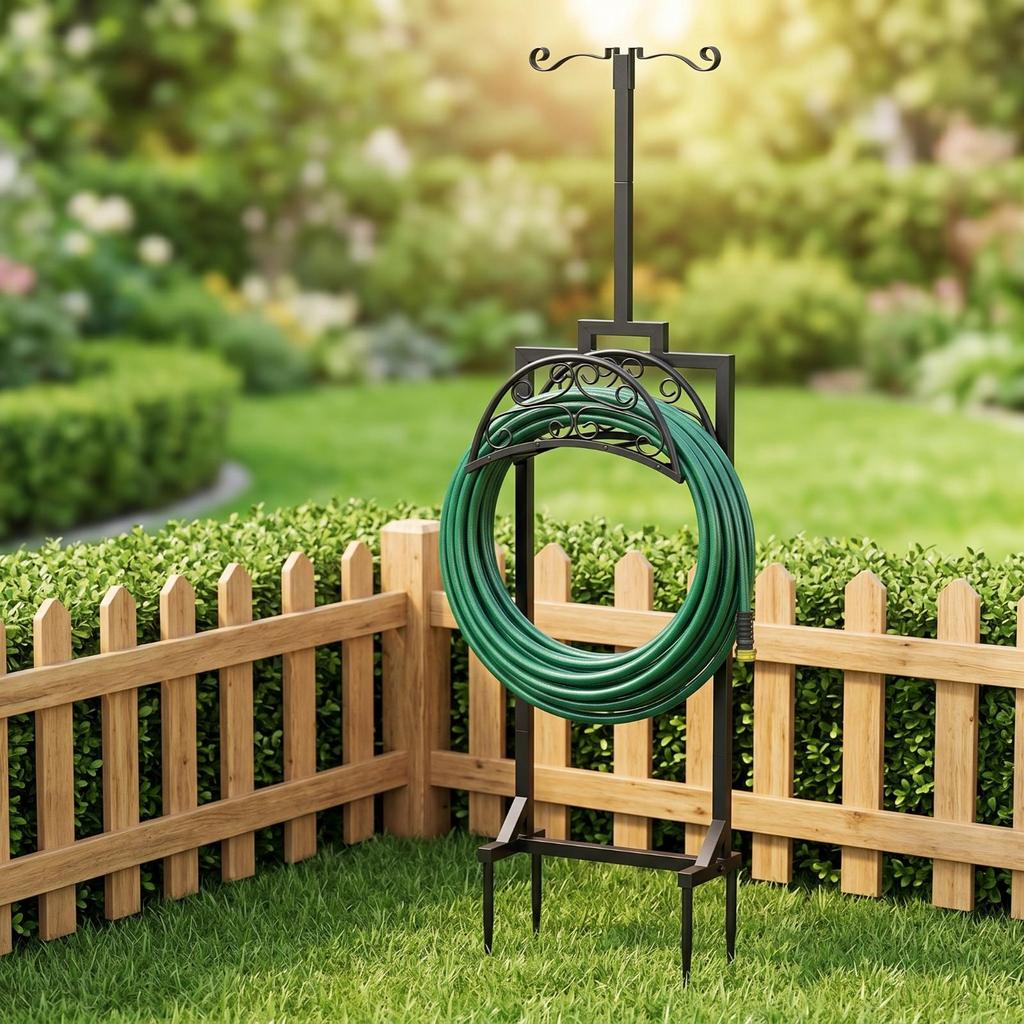 Garden Hose Holder with Spikes Decorative Scrollwork Freestanding Pointed Stakes Yard