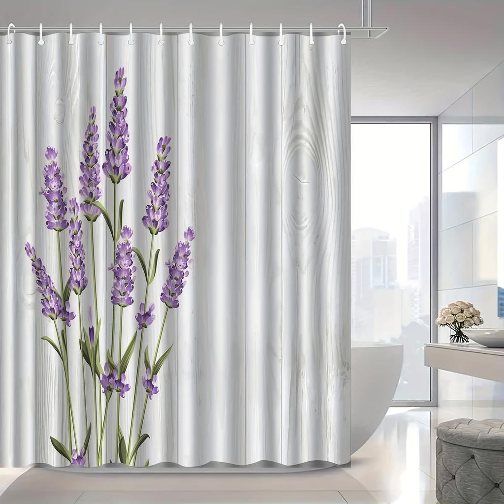 1 Elegant Lavender and Woodblock Print Shower Curtain - Purple Floral Pattern, Polyester Bathroom Decor, Machine Washable