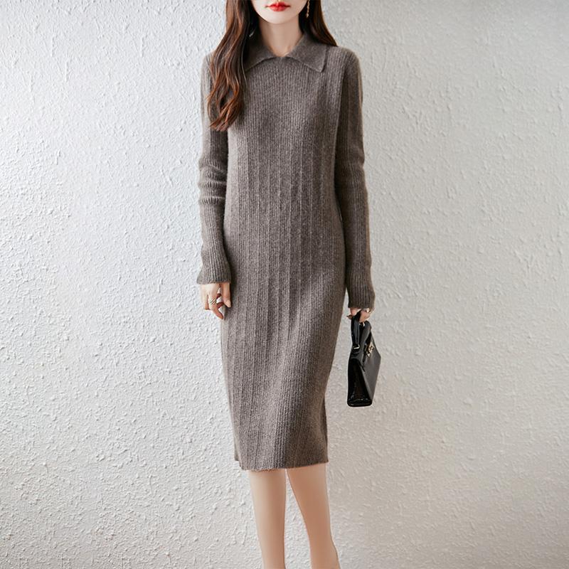 Women Sweater Dress 100% Wool MODERN NEW SAGA Turn-down Collar Knit Long Pullover Winter Jumpers Wool Long Dress Female