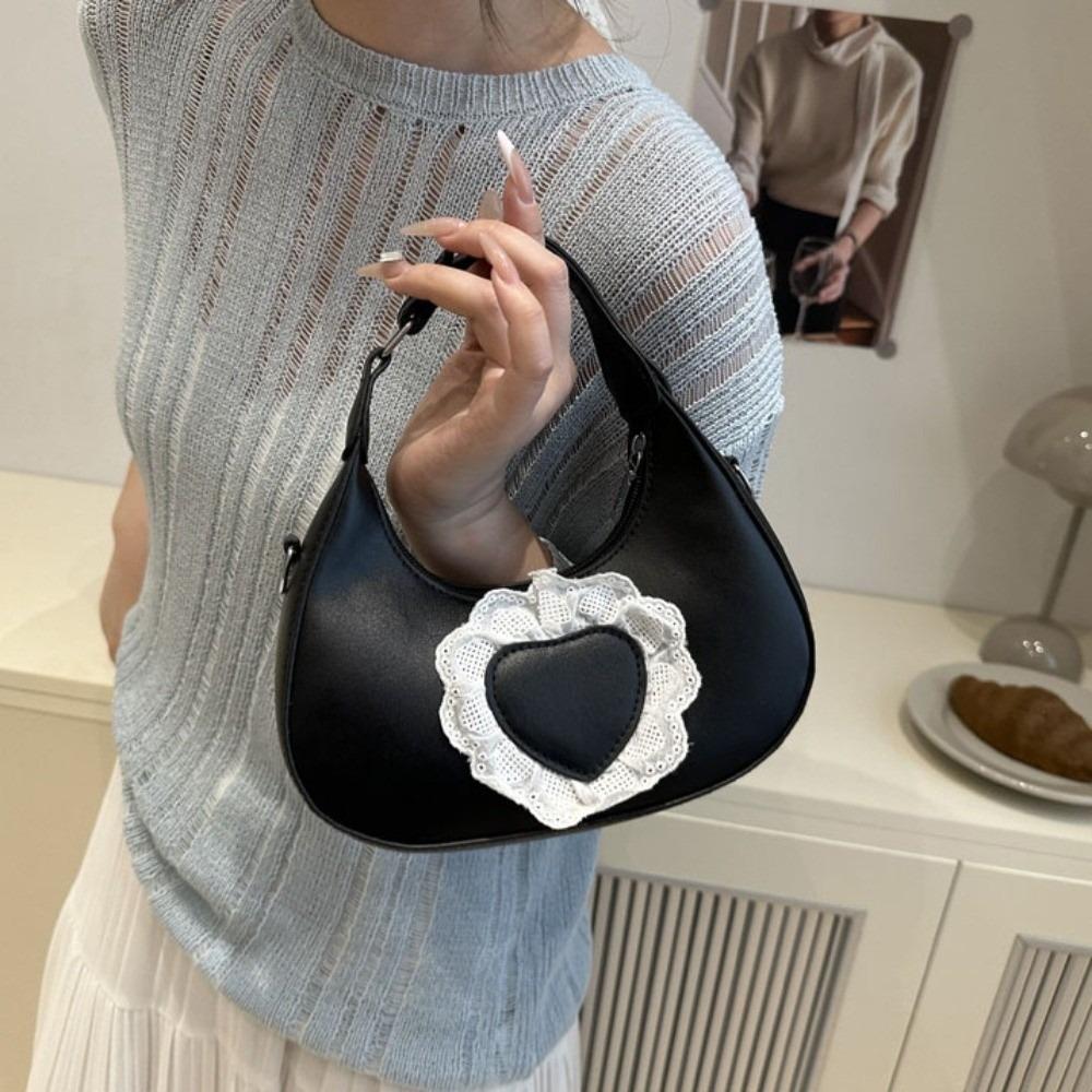 Casual Solid Color Love Heart Crossbody Bag Korean Style PU Leather Women Underarm Bag Handbag All-match Crescent Bag Women
