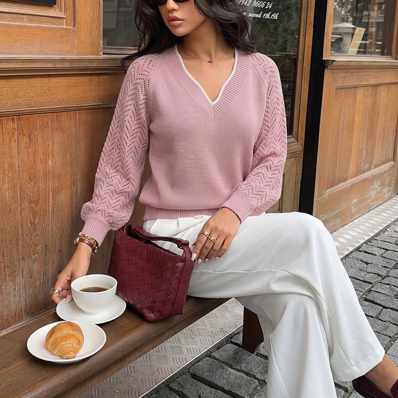 New Loose-fit Color-block V-neck Open-front Long-sleeved Sweater for Women