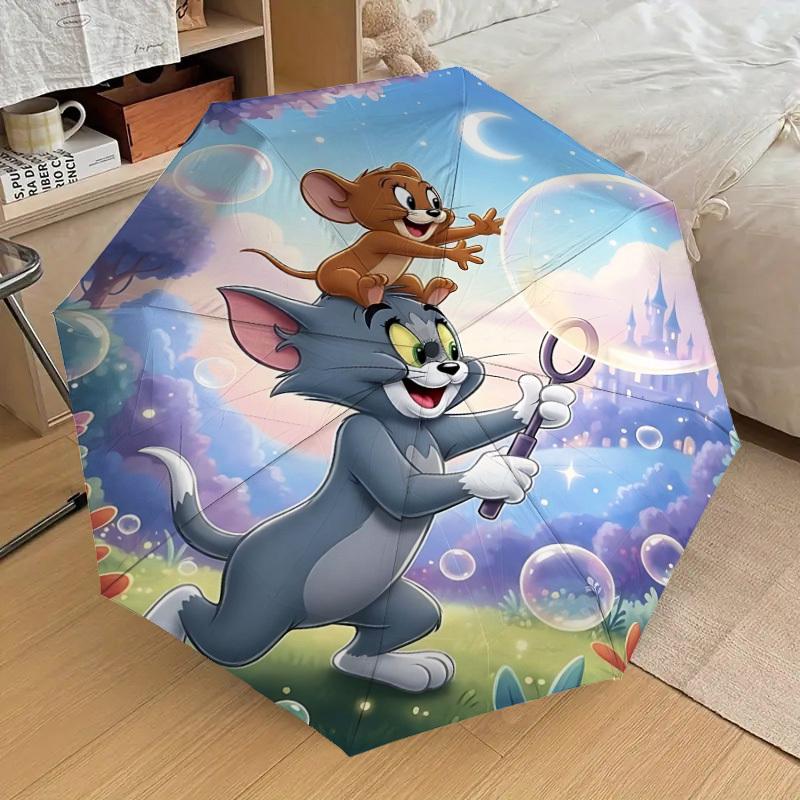 1pc Tom and Jerry Automatic Open/Close Umbrella Compact Folding Umbrella with 8-Rib Shaft lightweight esign, for Women/Men1151A