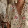 Women Tops 3D Printed Imitation Jacquard V-Neck Short Sleeve Loose Fit Soft Breathable Summer Shirt Daily Wear