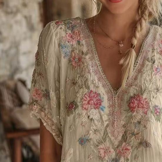Women Tops 3D Printed Imitation Jacquard V-Neck Short Sleeve Loose Fit Soft Breathable Summer Shirt Daily Wear