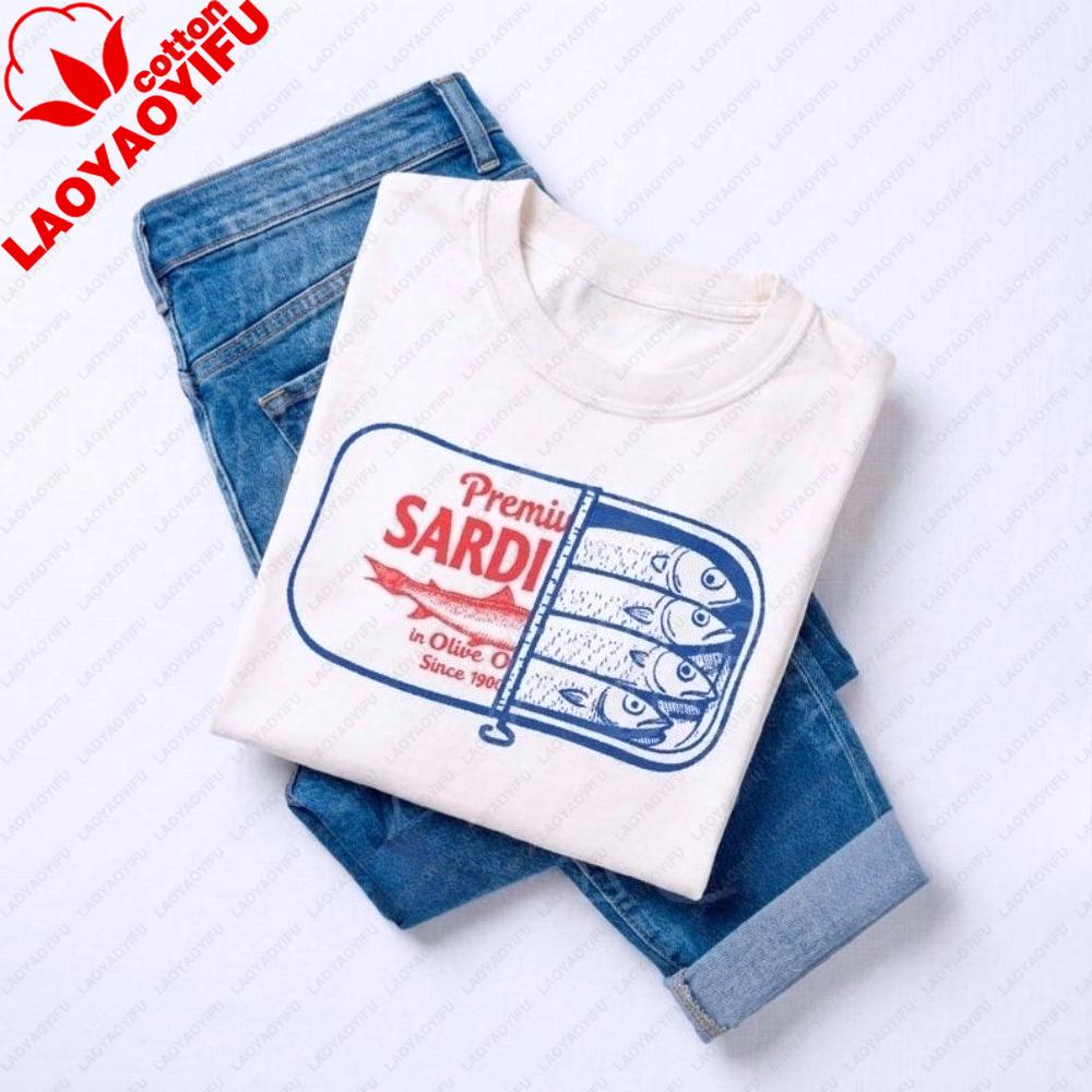 Sardine Shirt Vintage Canned Fish Graphic Tee Tinned Fish Lover Gift Retro Seafood Cotton TShirt Funny Foodie Tee for Unisex Women S