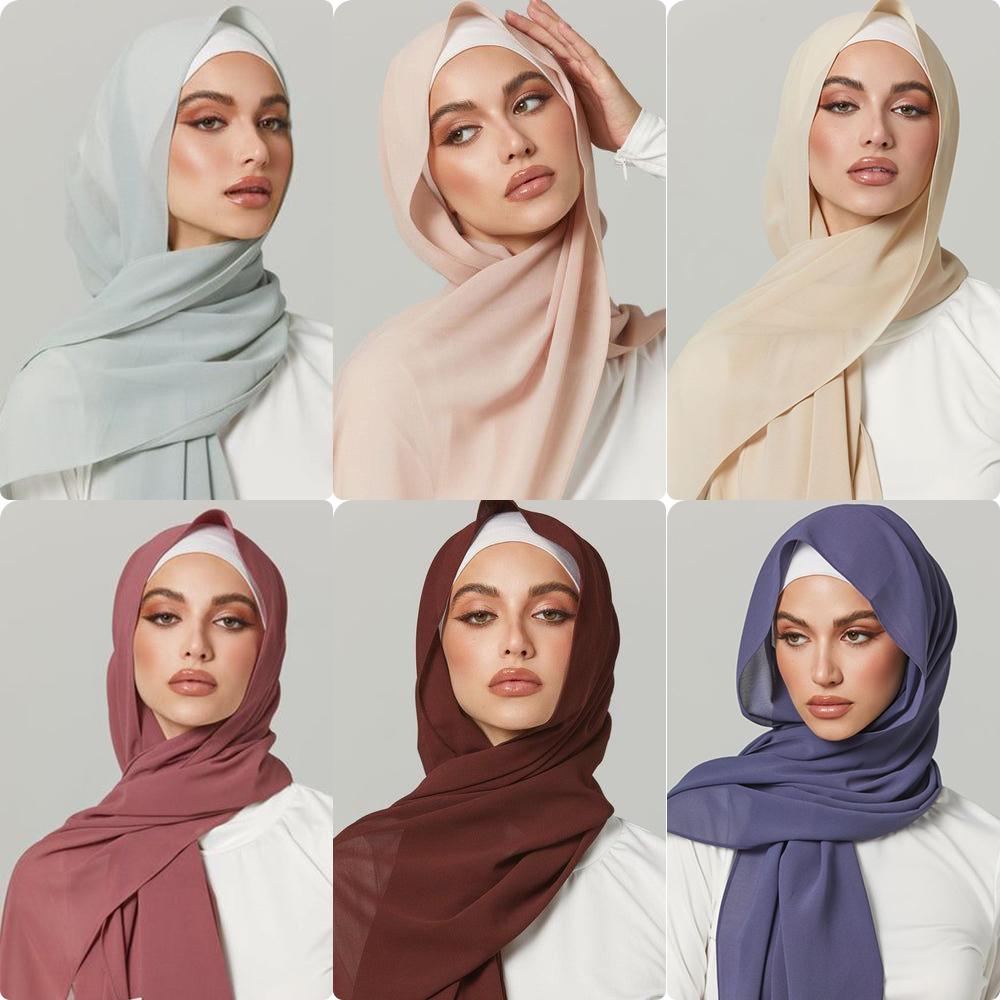 Fashion Pearl Chiffon Hijab Shawls Of Muslim Women Solid Color Head Wraps Scarf For Ladies