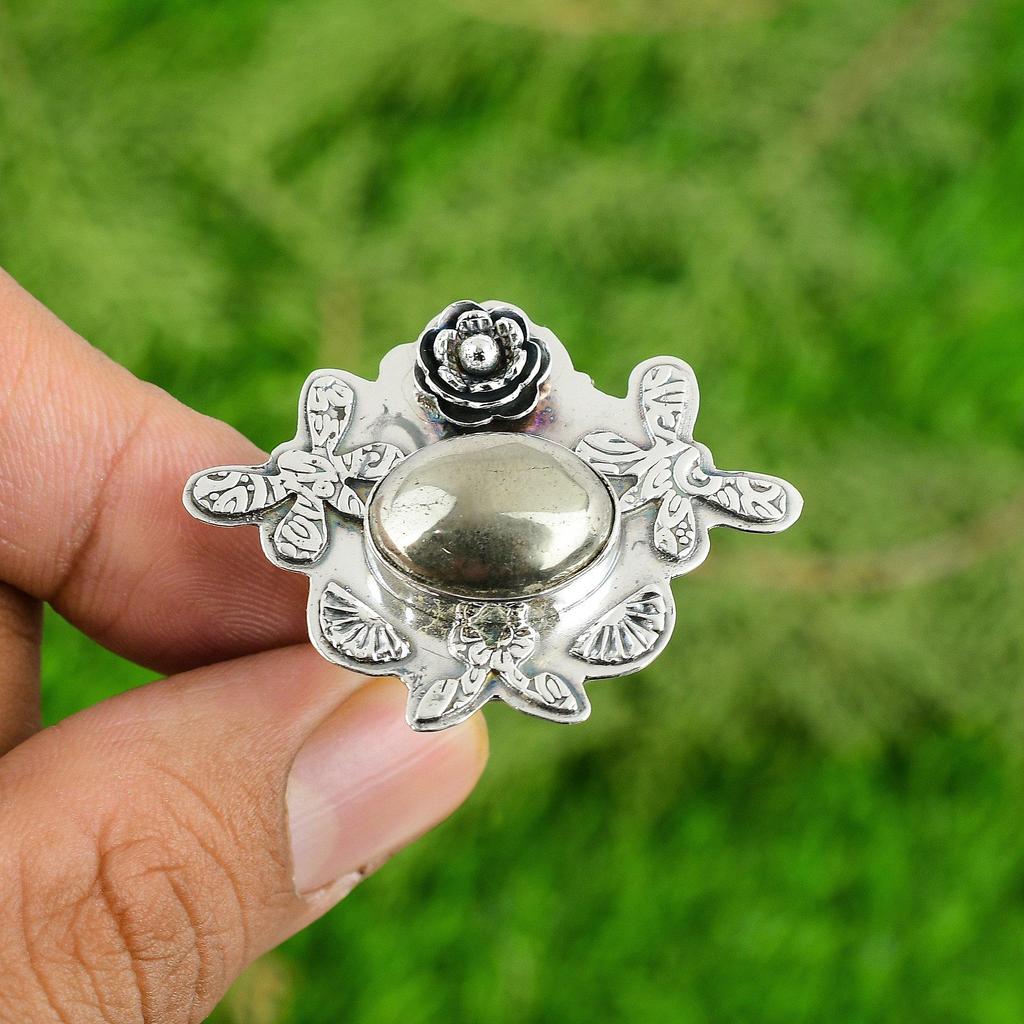 Oval Pyrite Stone New Flower Solitaire Wife Bezel Solar Chakra Ring 925 Silver