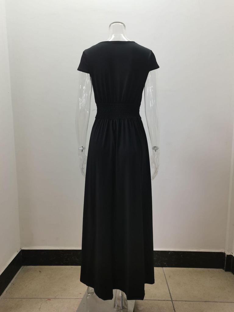 Women's V-Neck Short Sleeve High Waist Evening Gown with Ruched Slit