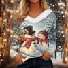 Women's Christmas Print Long Sleeve V-Neck Top with Plush Collar