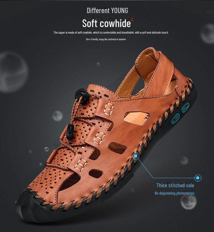 Atmungsaktive Sommer-Strandsandalen 2024 aus echtem Leder für Herren – weiche Sohle, hohles Design.