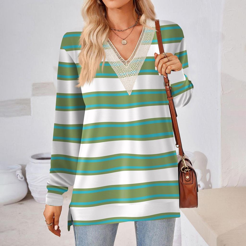 Womens Tops Loose V-neck Contrast Color Split Loose Long Sleeve T-shirt Women's Tops