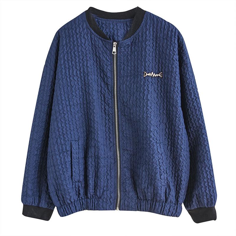 Navy Blue Textured Women's Baseball Jacket - Korean Style, Spring 2025, Casual, Age-Reducing, Short