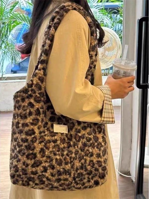

Vintage leopard print tote new trendy fashion college large capacity casual woolen bag