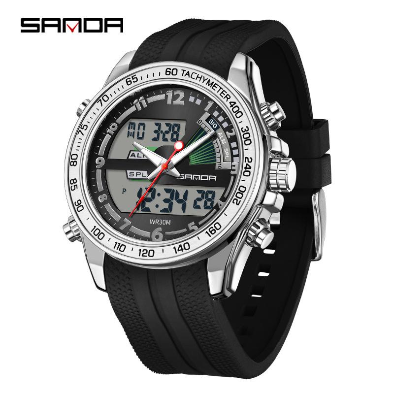 SANDA Dual Display Electronic Watch - Cool Business Waterproof Wristwatch with Live Broadcast, Teenager Alarm Clock Feature.