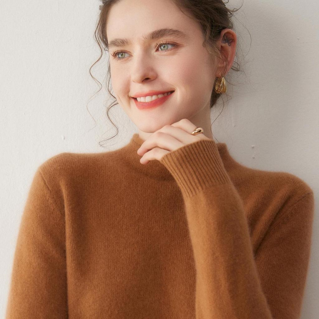 Women's Double-Strand Cashmere Wool Pullover with Rolled Hem