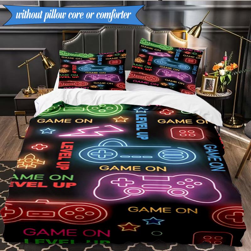 3PCS Neon Game Over Art Bedding Set,Including 1pc Duvet Cover And 2pcs Pillowcases Perfect for Bedroom, Dormitory, Fan Christmas Gift
