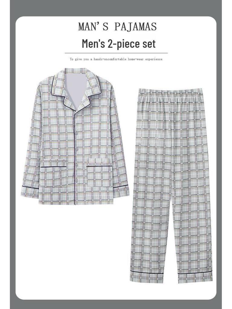 Men's Plus Size Long-Sleeve Plaid Cotton Pajamas for Spring & Autumn, Suitable for Outdoor Wear.