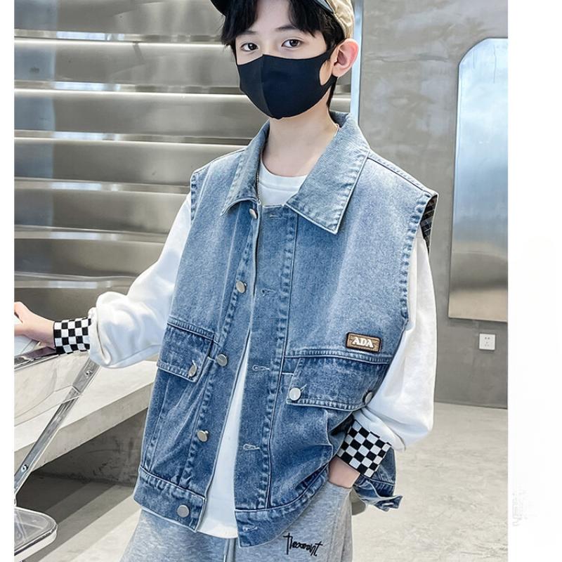 Children's Spring and Autumn Boys Style Big Children's Denim Vest Spring Casual Pocket Little Boy Waistcoat Vest Outer Wear