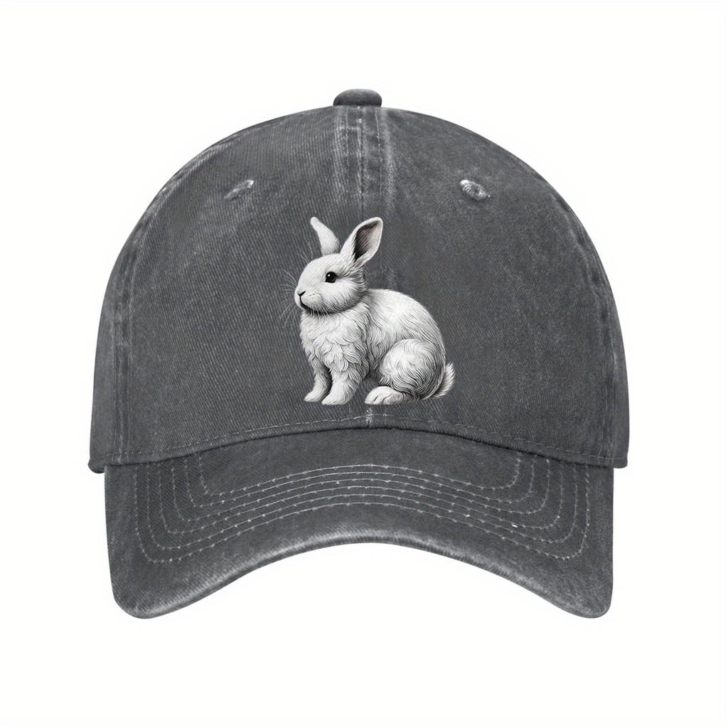 White Rabbit Graphic Baseball Cap Casual Cotton Adjustable Distressed Denim Outdoor Golf Hat