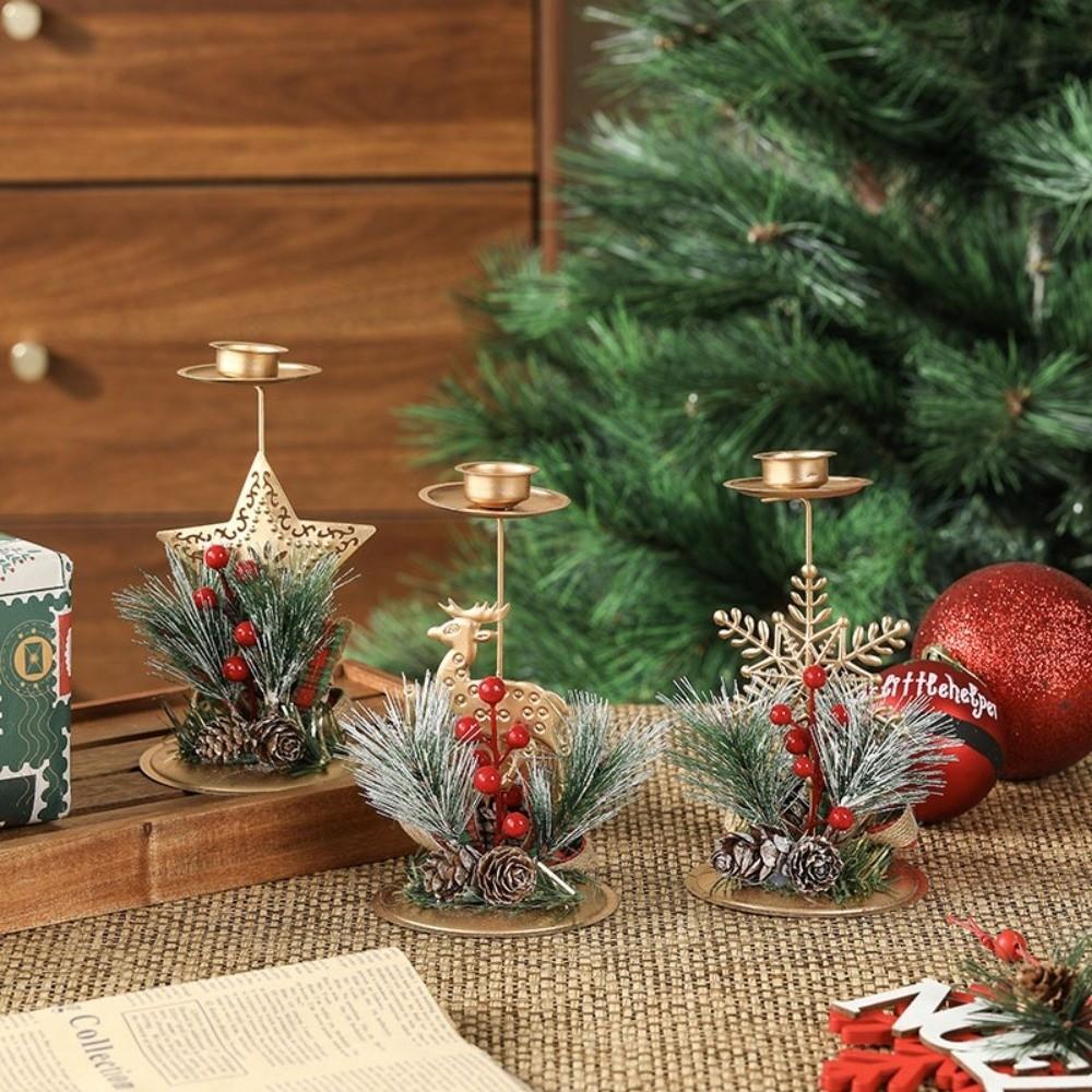 Golden Christmas Candle Holder Xmas Tree Snowflake Iron Candlestick Simulated Pine Needles Desktop Ornament Christmas Decor