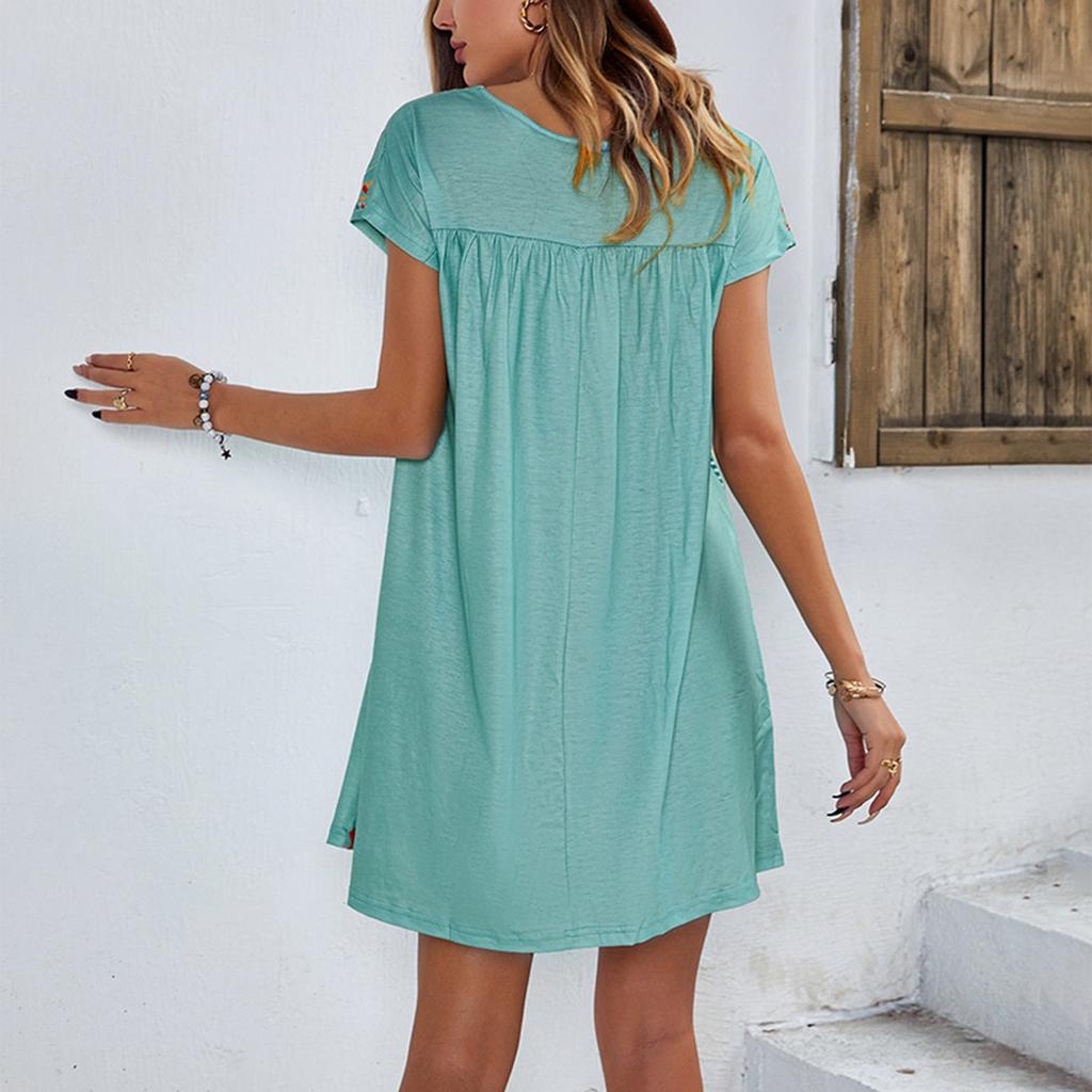 Women's Dress Casual Round Neck Vintage Floral Print Short-sleeved Dress