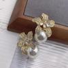 Temperament Flower Imitation Pearl Stud Earrings Women Luxury Inlaid Sparkling CZ Stone Fashion Wedding Bride Jewelry Wholesale