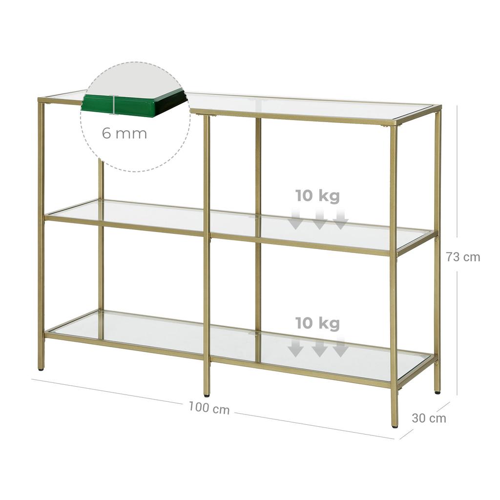 VASAGLE Tavolino Consolle, Tavolino da Divano con 3 Ripiani, Ripiano in Vetro Temperato, 100 x 30 x 73 cm, Struttura in Metallo, Moderno, per Ingresso Soggiorno Camera da Letto