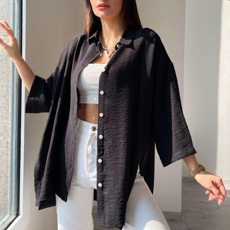 Women's Fashion Casual Spring Fall Solid Color Print Long Sleeve POLO Neck Blouses & Shirts