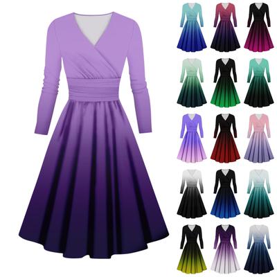 Women's Casual And Fashionable Gradient Printed Long Sleeved V-neck Sexy Dress