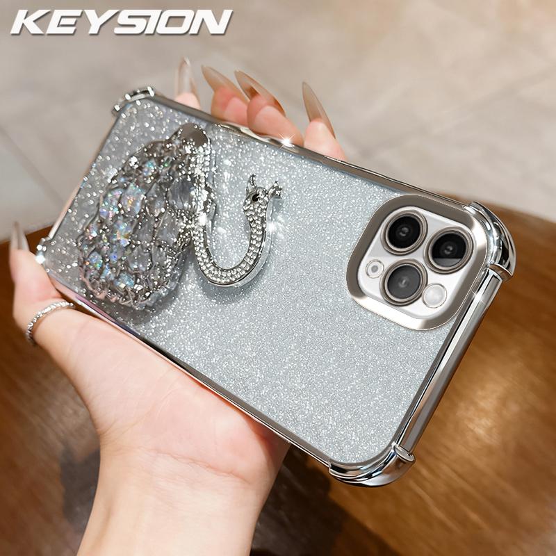 KEYSION Shockproof Plating Phone Case for iPhone 11 12 Pro Max Clear TPU Glitter Jewelled Swan kickstand Back Cover for iPhone 11