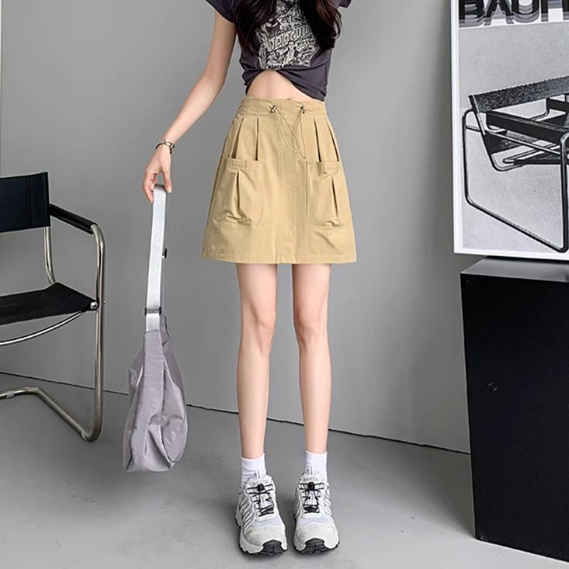 Gray Women's A-Line Midi Skirt with Elastic Drawstring Waist - Summer 2025 Anti-Exposure Workwear Style