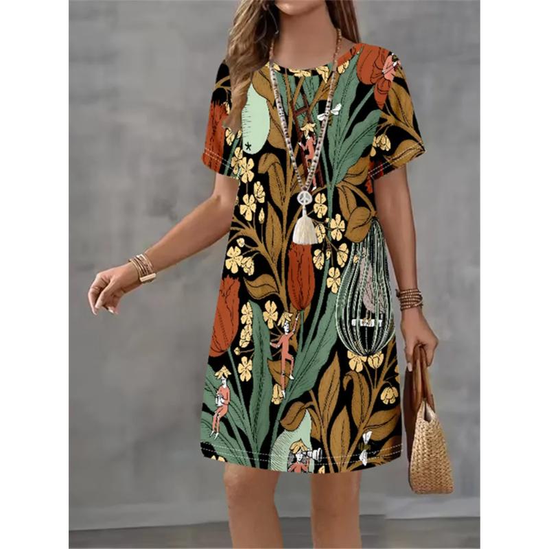 Women s Flower Print Dress Loose Crew Neck Casual Dresses 5XL
